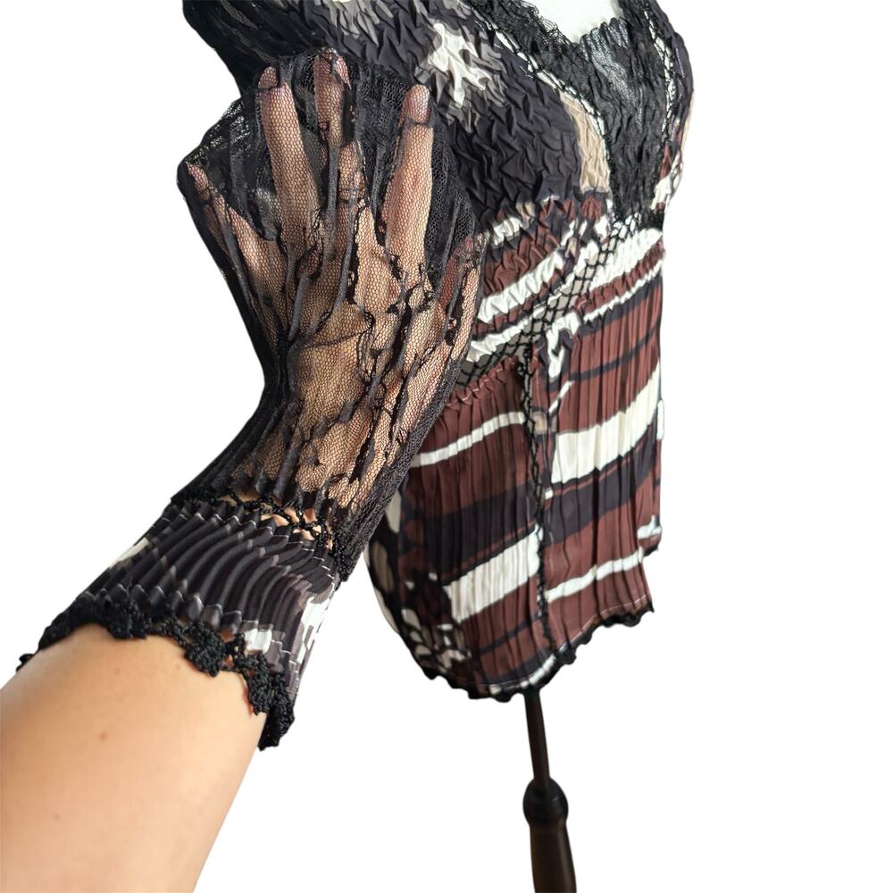 Alberto Makali Sheer Blouse Large Y2K Boho Crinkle Abstract Lace Stretchy Career - Picture 4 of 10
